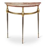 A MARBLE TOPPED WROUGHT AND GILT METAL CONSOLE TABLE