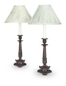 A PAIR OF MODERN PATINATED METAL CANDLESTICK LAMPS IN LOUIS PHILIPPLE STYLE