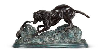 A LARGE BICOLOUR PATINATED BRONZE ANIMALIER GROUP OF A HOUND AND PHEASANT, MANNER OF MÊNE