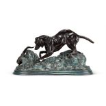 A LARGE BICOLOUR PATINATED BRONZE ANIMALIER GROUP OF A HOUND AND PHEASANT, MANNER OF MÊNE