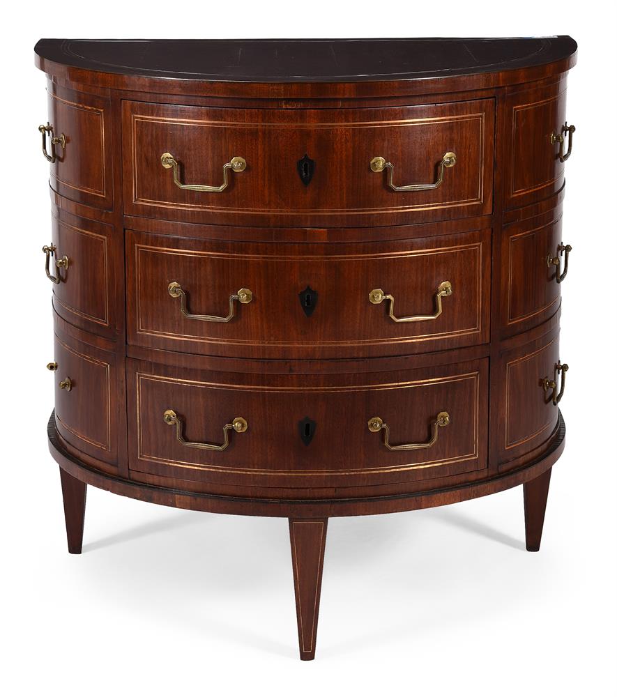 A NORTH EUROPEAN MAHOGANY AND BRASS INLAID DEMI-LUNE COMMODE, EARLY 19TH CENTURY