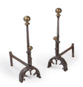 A PAIR OF BRASS AND WROUGHT IRON ANDIRONS, EARLY 18TH CENTURY