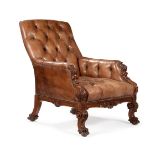 A VICTORIAN CARVED WALNUT AND BUTTONED LEATHER UPHOLSTERED LIBRARY ARMCHAR, SECOND HALF 19TH CENTURY