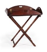 A MAHOGANY AND BRASS MOUNTED BUTLER'S TRAY ON FOLDING STAND, FIRST HALF 19TH CENTURY