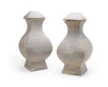 A GOOD LARGE PAIR OF CHINESE POTTERY VASES AND COVERS, HAN DYNASTY
