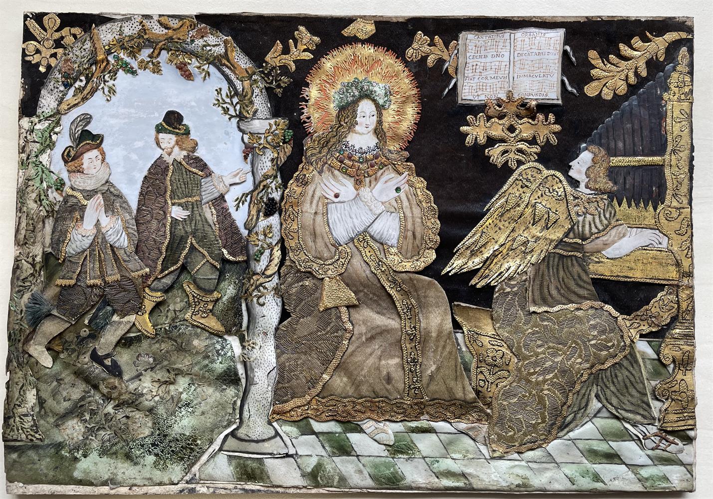 A RARE TEXTILE AND NEEDLEWORK COLLAGE PICTURE DEPICTING SAINT CECILIA, LATE 16TH/EARLY 17TH CENTURY - Image 15 of 18