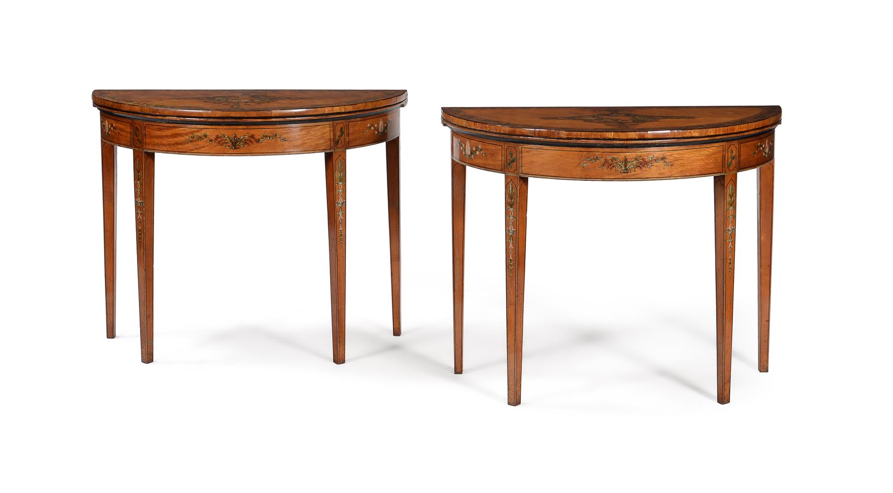 A PAIR OF GEORGE III DECORATED SATINWOOD CARD TABLES, CIRCA 1810