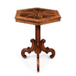 Y A KARELIAN BIRCH, ROSEWOOD, OAK, AND MARQUETRY HEXAGONAL PEDESTAL TABLE, FIRST HALF 19TH CENTURY