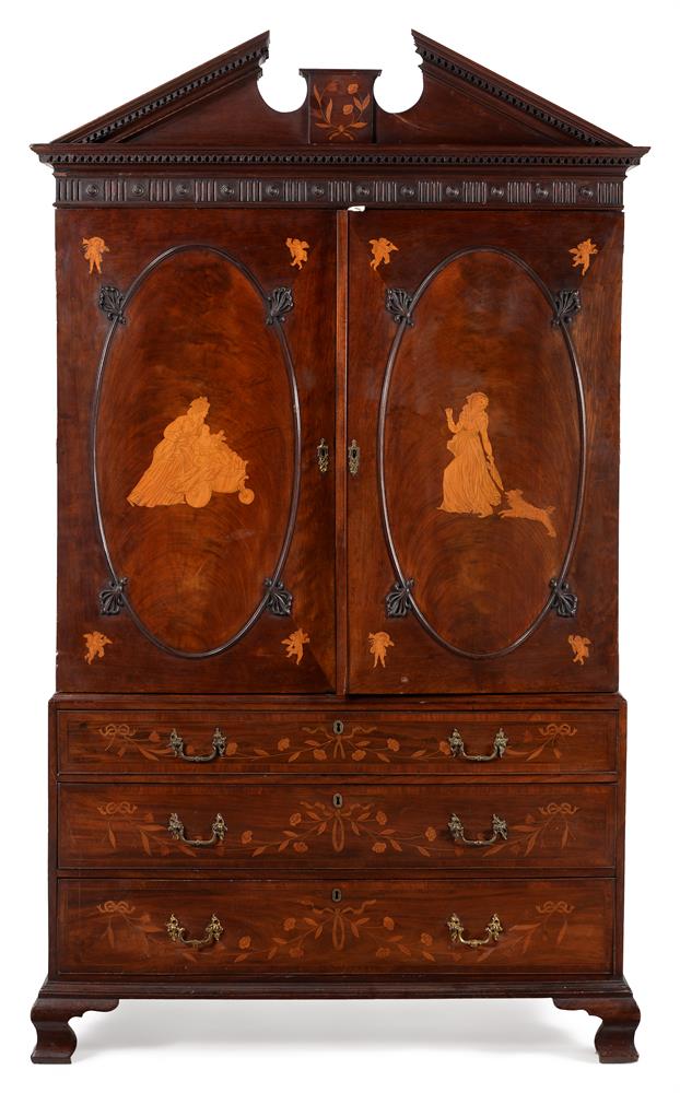 A GEORGE III MAHOGANY AND INLAID CLOTHES PRESS, CIRCA 1780