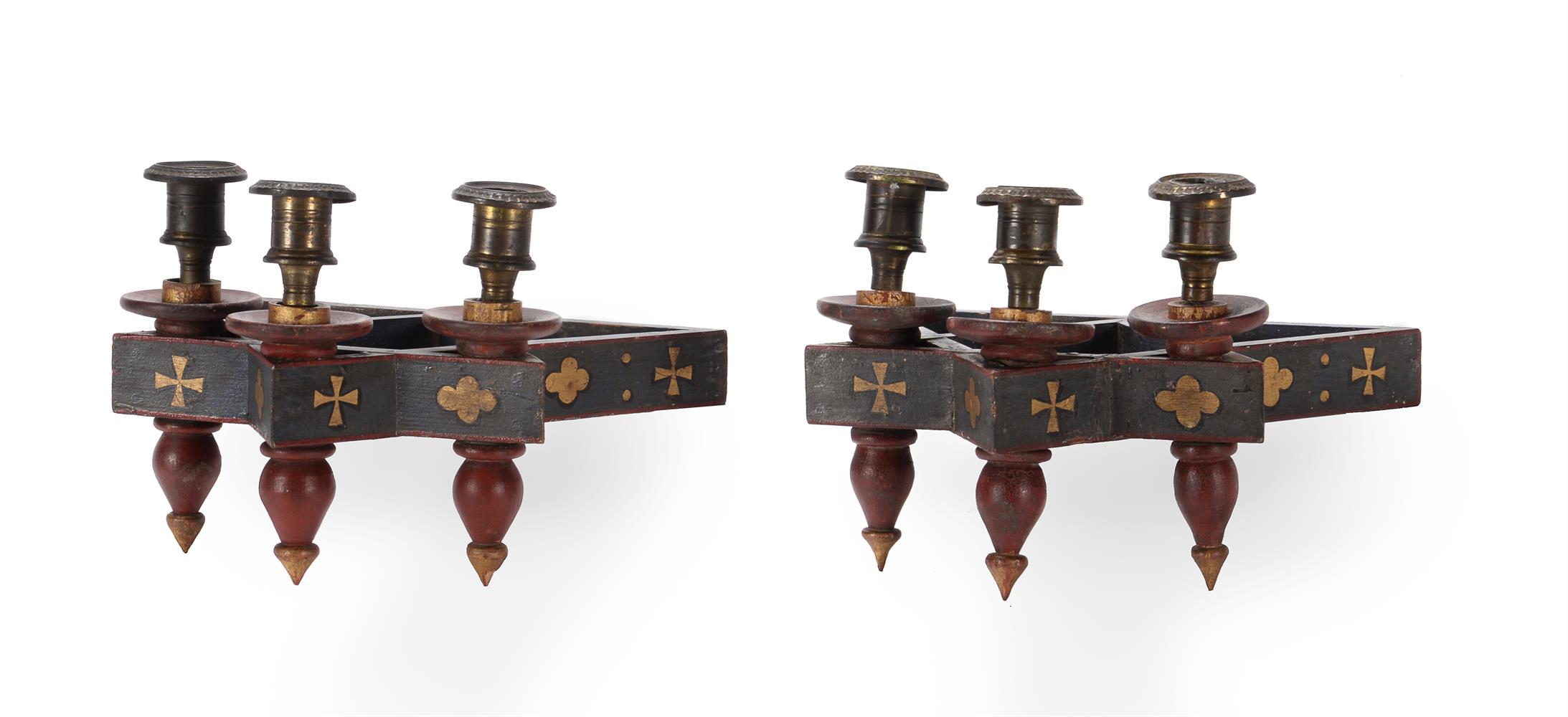 A PAIR OF POLYCHROME PAINTED THREE LIGHT WALL LIGHTS, CIRCA 1870, IN THE MANNER OF WILLIAM BURGES - Image 2 of 5