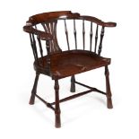 A GEORGE II MAHOGANY AND EXOTIC HARDWOOD WINDSOR ARMCHAIR, CIRCA 1750