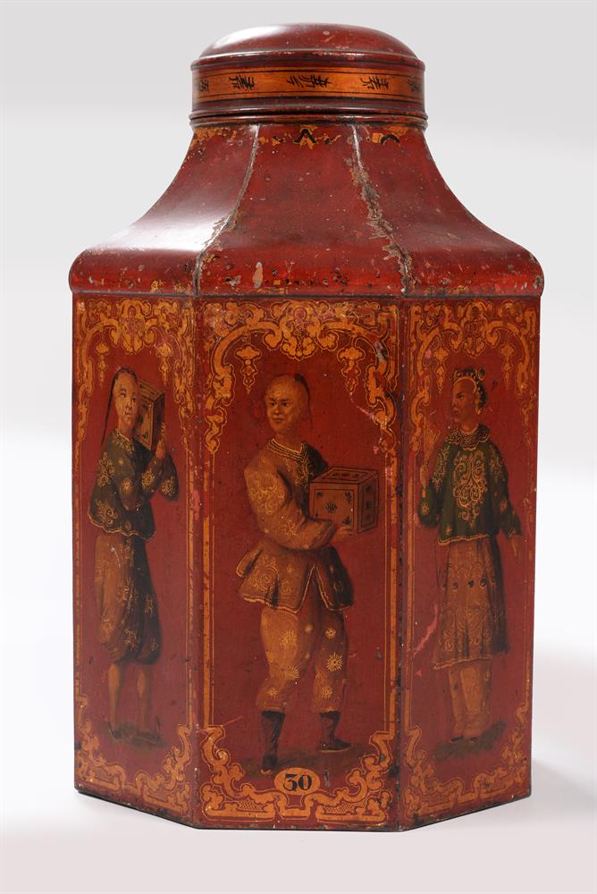 A PAIR OF REGENCY SCARLET TOLE TEA CANISTERS, EARLY 19TH CENTURY - Image 2 of 4