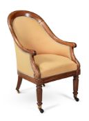 A REGENCY MAHOGANY AND UPHOLSTERED BERGERE ARMCHAIR, CIRCA 1820