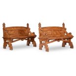 A PAIR OF VICTORIAN ELM AND BURR ELM BENCHES OR HALL SEATS, CIRCA 1880