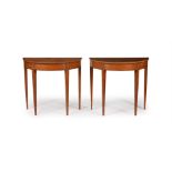 Y A PAIR OF SATINWOOD AND KINGWOOD CROSSBANDED DEMI-LUNE SIDE TABLES, IN GEORGE III STYLE