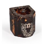 Y AN EDWARDIAN SILVER MOUNTED TORTOISESHELL TEA CADDY IN THE FORM OF A MINIATURE KNIFE BOX