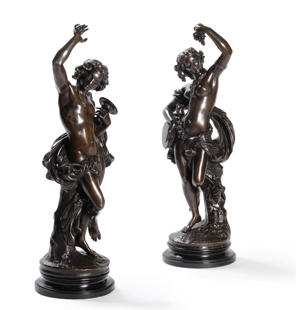 AFTER FRANÇOIS DEVAULX (FRENCH 1808-1870), A PAIR OF FRENCH BRONZE FIGURES OF DANCING BACCHANTES