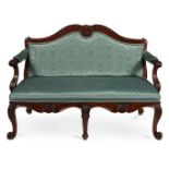 A GEORGE II WALNUT AND UPHOLSTERED SETTEE, CIRCA 1755