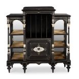 Y A VICTORIAN EBONY AND IVORY INLAID MUSIC CABINET, CIRCA 1865, ATTRIBUTED TO OWEN JONES