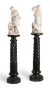 A PAIR OF CARVED ALABASTER FIGURES ON MARBLE STANDS, 19TH CENTURY