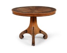 Y Y A WILLIAM IV FIGURED WALNUT, EBONY AND SPECIMEN MARQUETRY CENTRE TABLE, CIRCA 1835