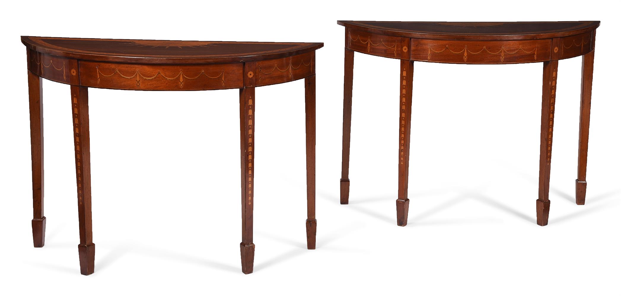 A PAIR OF GEORGE III MAHOGANY, SATINWOOD AND MARQUETRY DEMI-LUNE SIDE TABLES, CIRCA 1790