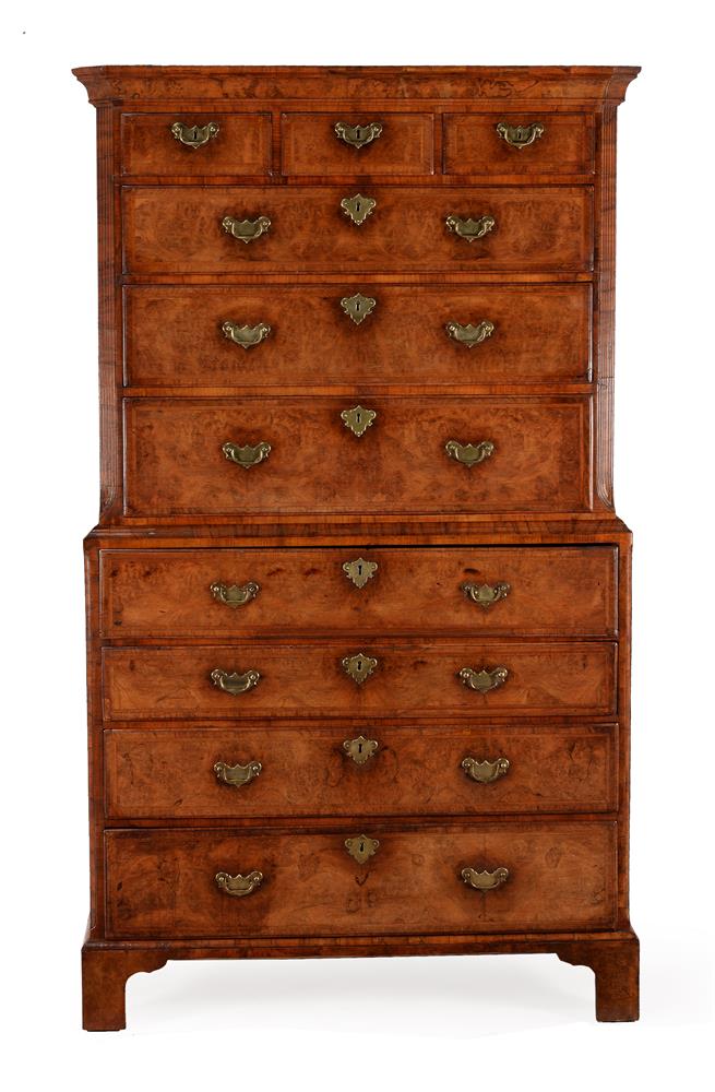 A GEORGE I BURR WALNUT SECRETAIRE CHEST ON CHEST, CIRCA 1720