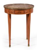 A CONTINENTAL WALNUT, MARQUETRY AND MARBLE TOPPED OCCASIONAL OR CENTRE TABLE, LATE 19TH CENTURY