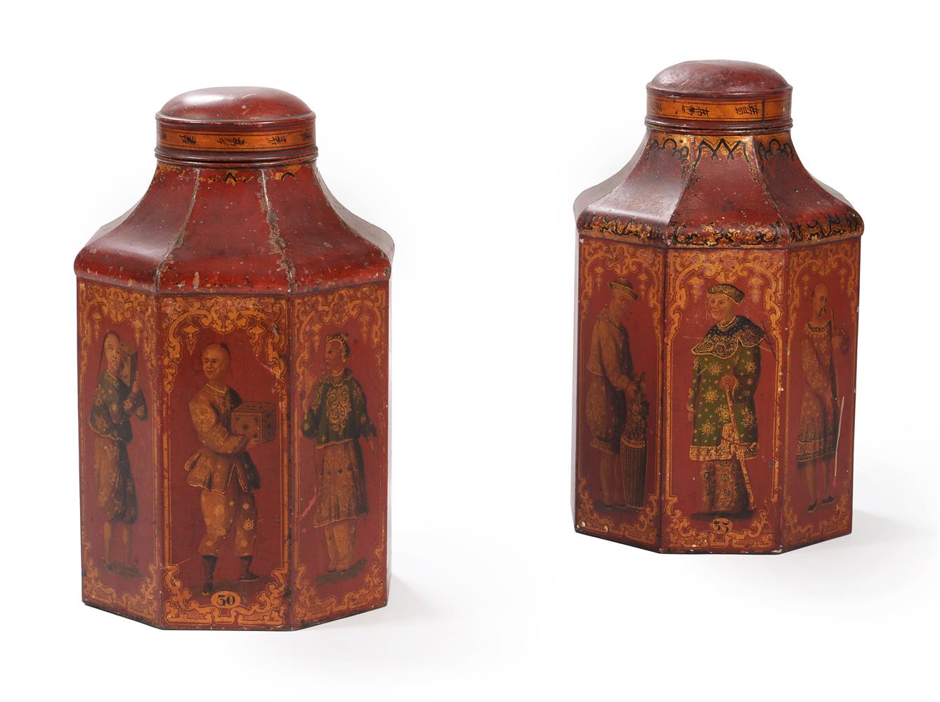 A PAIR OF REGENCY SCARLET TOLE TEA CANISTERS, EARLY 19TH CENTURY