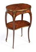 Y A FRENCH MAHOGANY, TULIPWOOD AND ORMOLU MOUNTED TWO TIER OCCASIONAL TABLE, BY GERVAIS DURAND