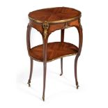 Y A FRENCH MAHOGANY, TULIPWOOD AND ORMOLU MOUNTED TWO TIER OCCASIONAL TABLE, BY GERVAIS DURAND