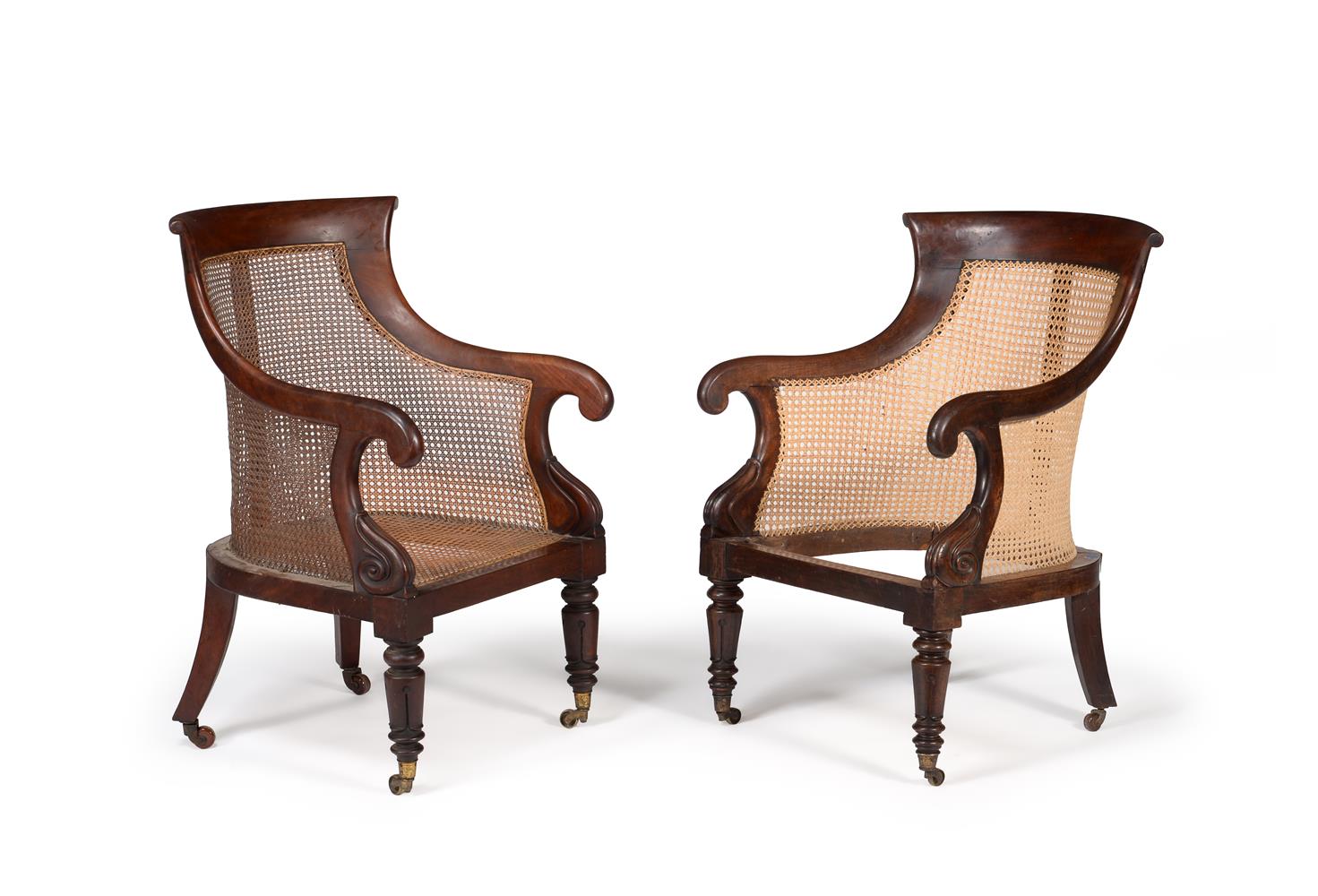 A MATCHED PAIR OF WILLIAM IV MAHOGANY BERGERE LIBRARY ARMCHAIRS, CIRCA 1835