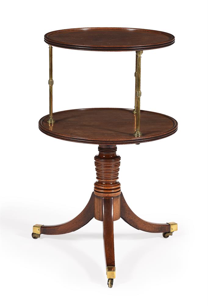 A REGENCY MAHOGANY AND GILT METAL MOUNTED TWO-TIER DUMB WAITER, CIRCA 1815