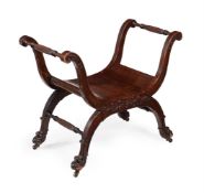 A MAHOGANY X-SHAPED WINDOW SEAT, IN GEORGE III STYLE, SECOND HALF 19TH CENTURY