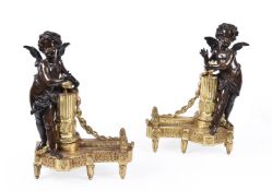 A PAIR OF FRENCH GILT AND PATINATED BRONZE FIGURAL CHENETS, LATE 19TH CENTURY