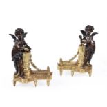 A PAIR OF FRENCH GILT AND PATINATED BRONZE FIGURAL CHENETS, LATE 19TH CENTURY