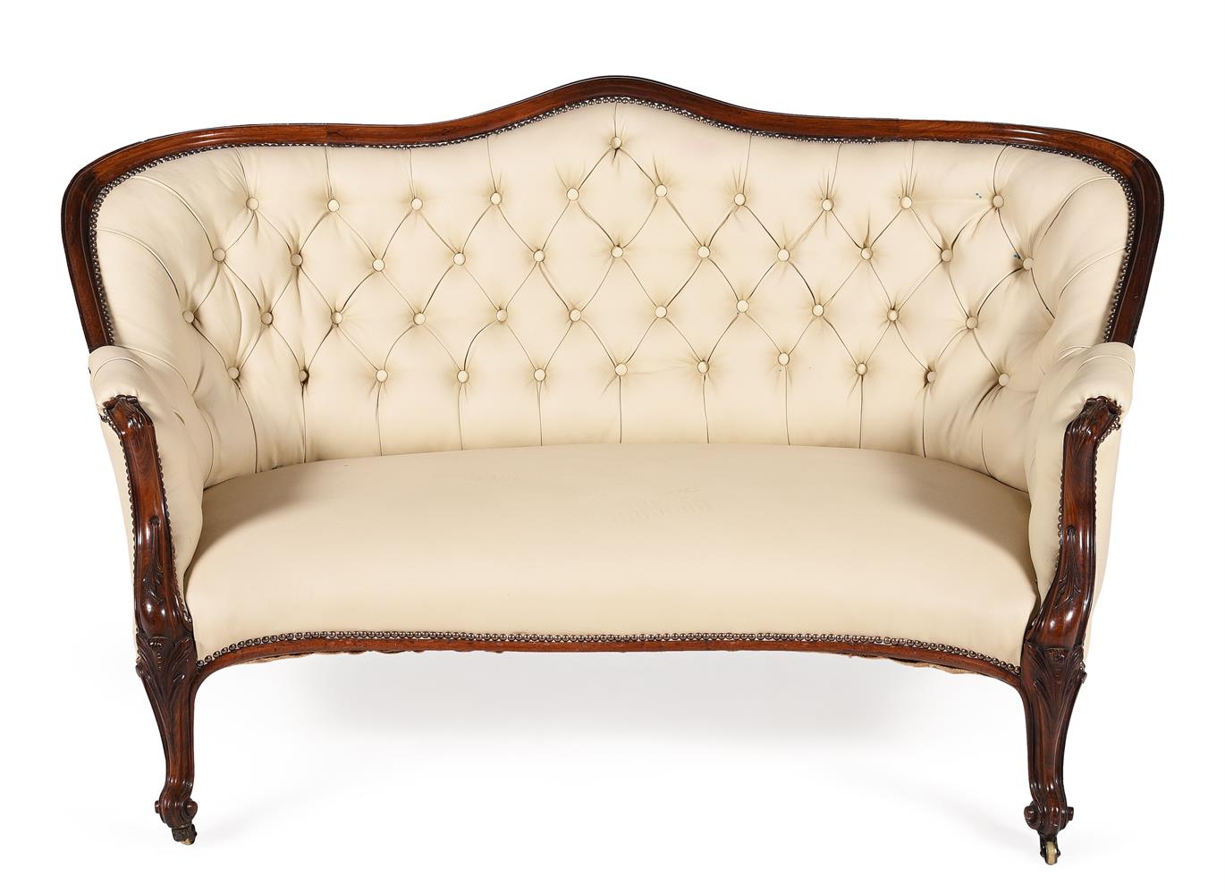 Y A VICTORIAN ROSEWOOD AND LEATHER UPHOLSTERED SOFA, CIRCA 1860