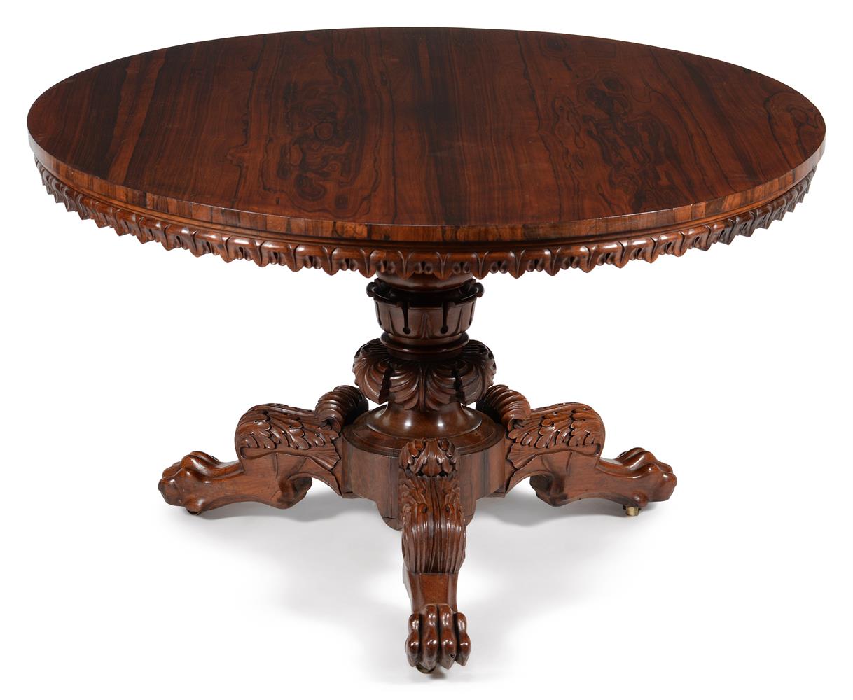 Y A GEORGE IV CARVED ROSEWOOD CENTRE TABLE, CIRCA 1825, IN THE MANNER OF GILLOWS