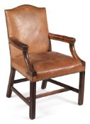 A MAHOGANY AND LEATHER UPHOLSTERED OPEN ARMCHAIR, LATE 19TH CENTURY