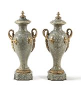A PAIR OF CONTINENTAL CIPOLLINO VERDE MARBLE AND GILT METAL MOUNTED URNS, LATE 19TH/20TH CENTURY