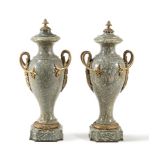 A PAIR OF CONTINENTAL CIPOLLINO VERDE MARBLE AND GILT METAL MOUNTED URNS, LATE 19TH/20TH CENTURY