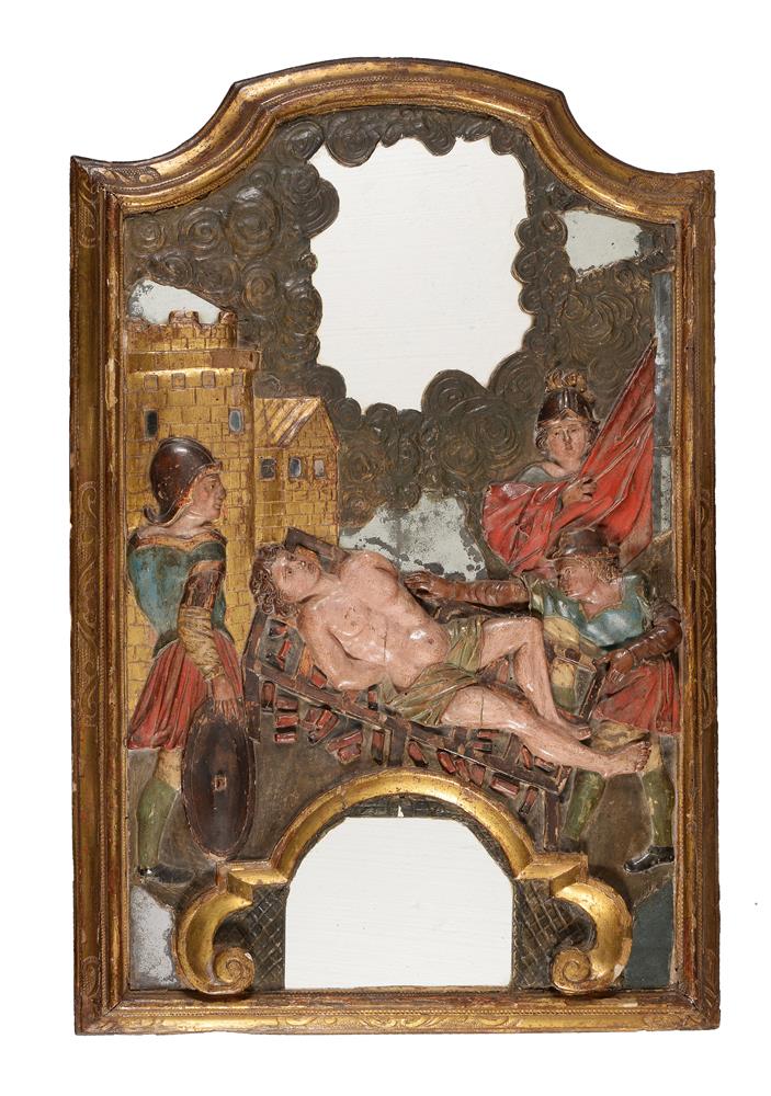 A PAIR OF SPANISH GILTWOOD FRAMED MIRRORS OVERLAID WITH CARVED RELIEFS OF ST LAWRENCE AND ST MICHAEL - Image 3 of 7