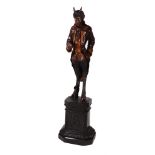 A VENETIAN CARVED PINE AND FRUITWOOD DEVIL FIGURE ON A PLINTH, ATTRIBUTED TO FRANCESCO TOSO (D.1893)