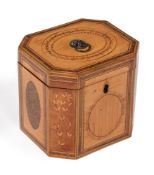 A GEORGE III SYCAMORE, BURR YEW, FRUITWOOD, AND SPECIMEN MARQUETRY TEA CADDY, CIRCA 1790