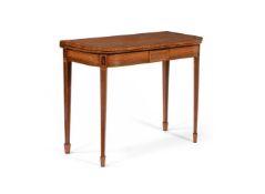 Y A GEORGE III SATINWOOD, TULIPWOOD AND PURPLE HEART BANDED FOLDING CARD TABLE, CIRCA 1790