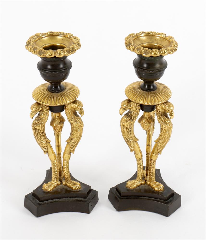 A pair of French Empire parcel gilt and patinated bronze candlesticks - Image 3 of 4
