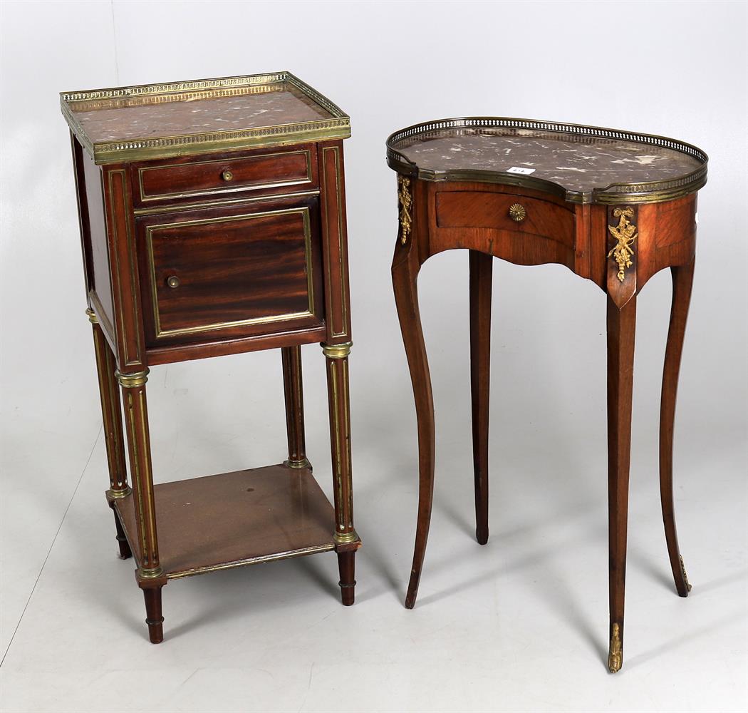 A late 19th century French mahogany and gilt metal mounted marble top bedside table