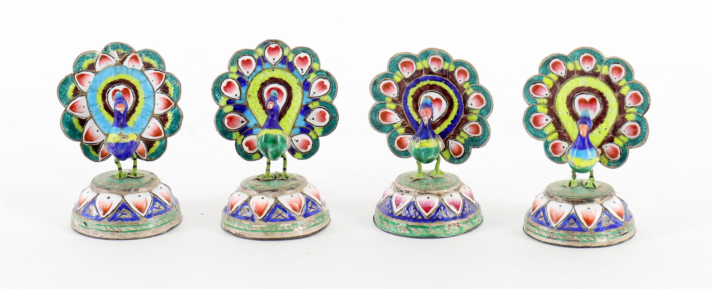 Four Indian white metal and enamelled Peacock menu holders