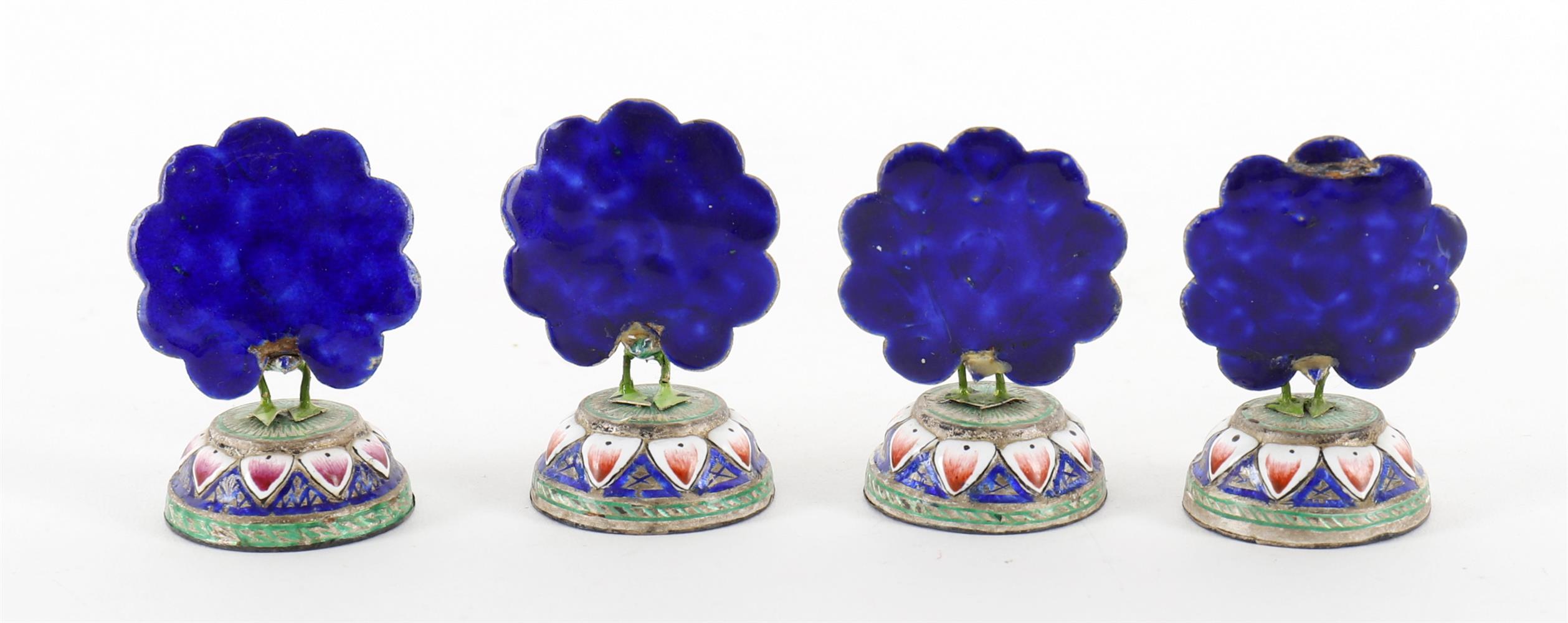Four Indian white metal and enamelled Peacock menu holders - Image 2 of 3