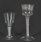 George III colourless air twist cordial glass with foliate engraved ogee bowl